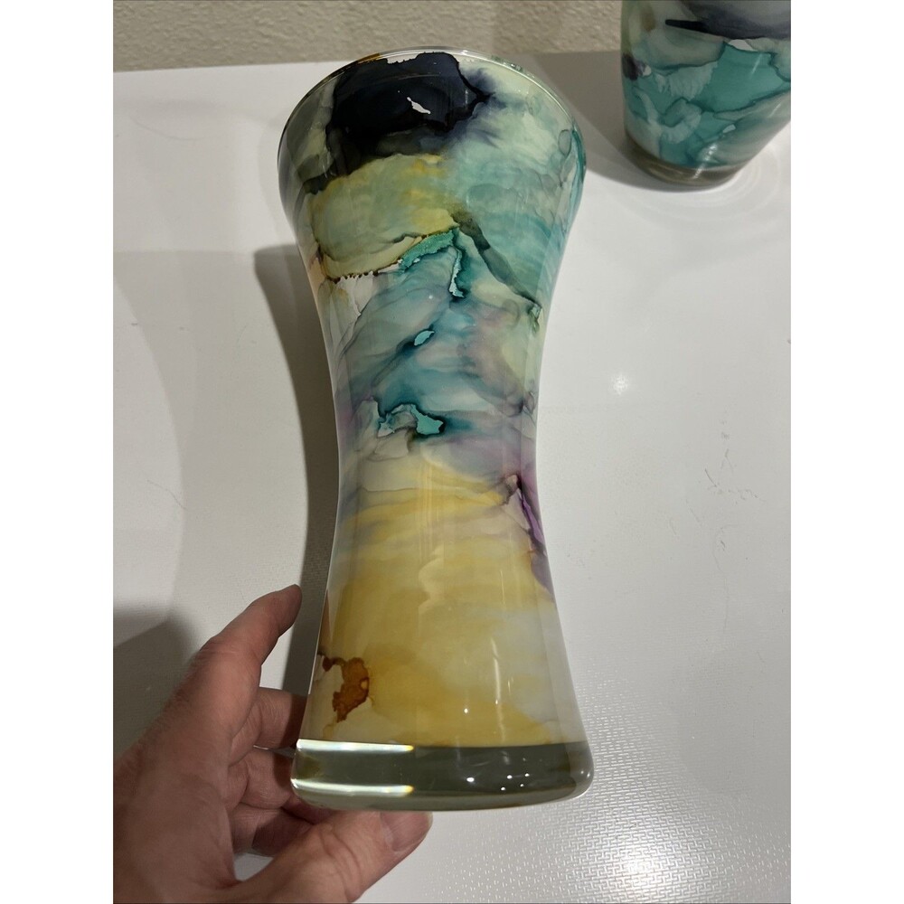 Swirl Vase Reverse Painted Watercolor Art Glass Italy Lot Of 2 Blue Purple Etc - Picture 5 of 13